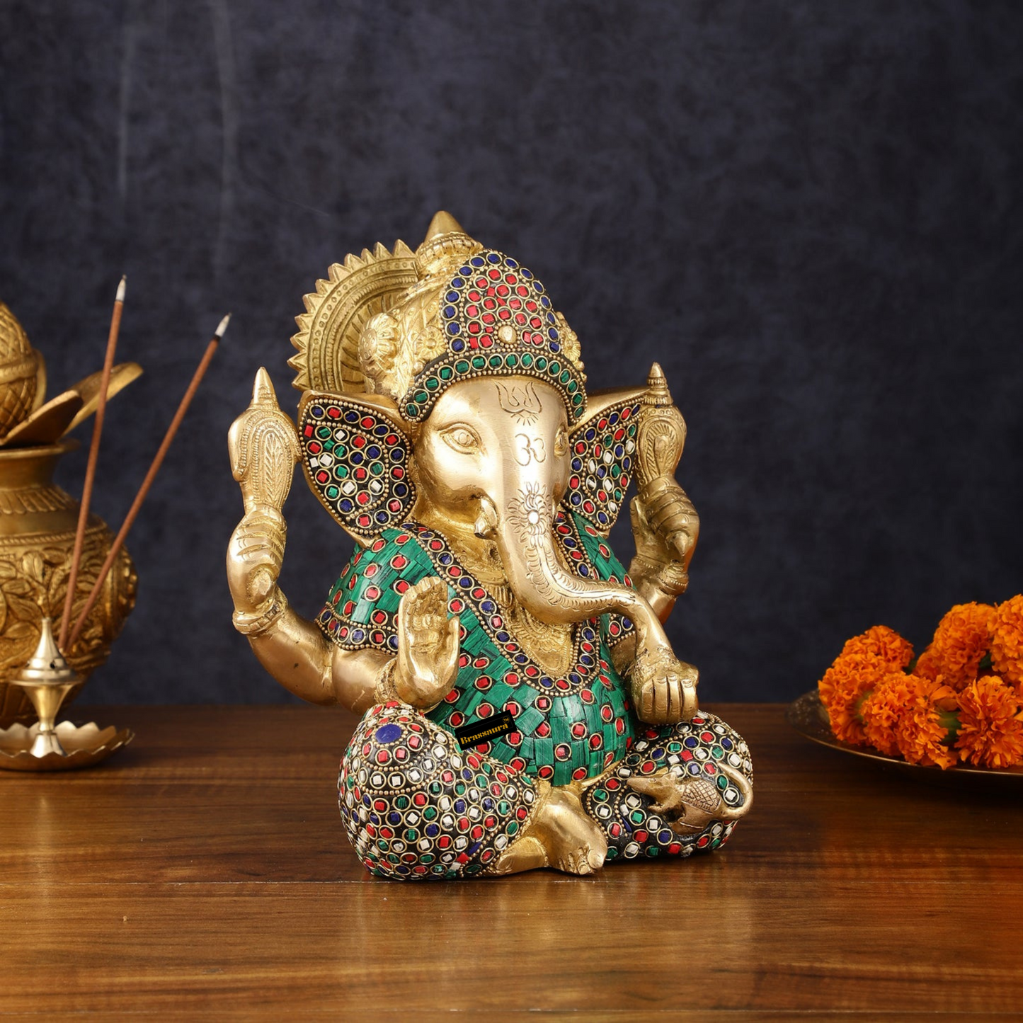 Brassaura™ Meenakari Brass Ganesha Idol – 8 Inch Height | 4.7 kg | Handcrafted with Natural Stone Inlay