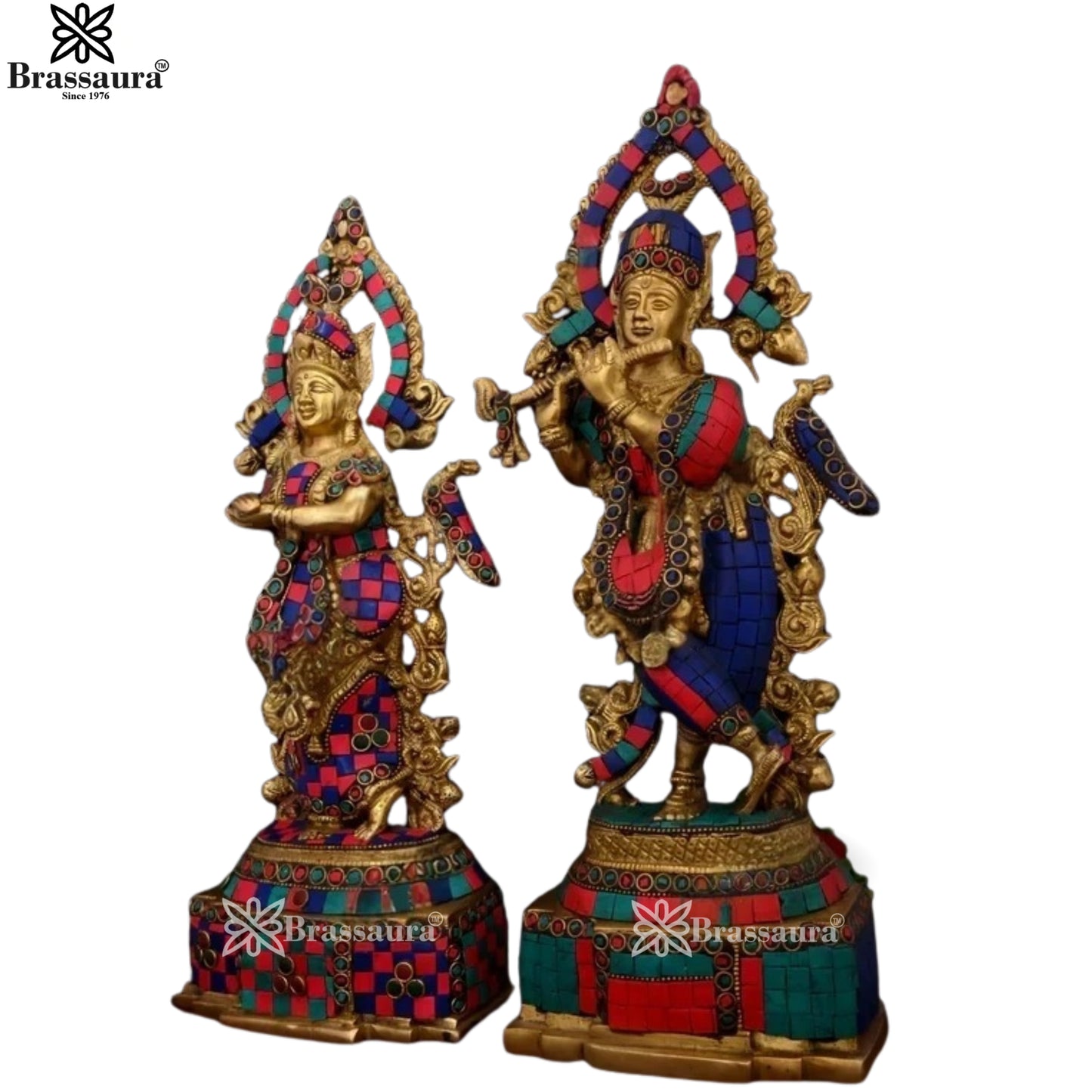 Brass Gem Stone Work Radha Krishna Murti Weight 7.2 Kg And Height 14 Inch