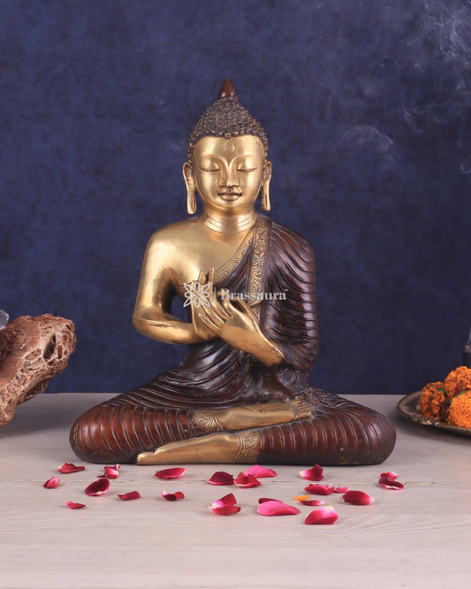 Brassaura™ Pure Brass Buddha Statue in Dharma Chakra Mudra – Height 14 Inches, Weight 7 Kgs
