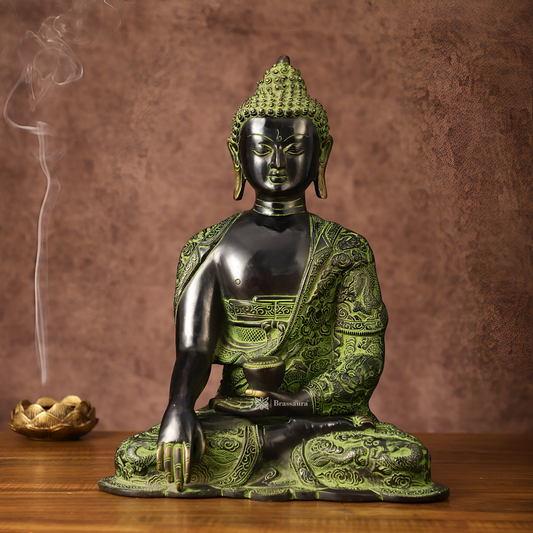 Brassaura™ Pure Brass Buddha Statue – Bhoomisparsha Nirvana Mudra with Dragon Carvings – Height 14 Inches, Weight 7 Kgs