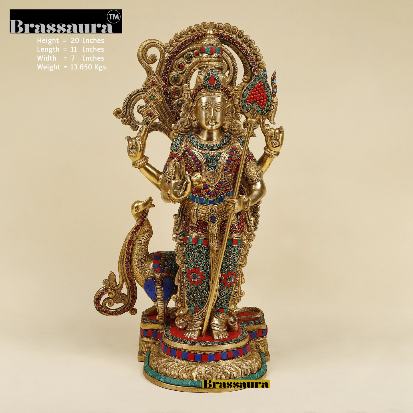 Brassaura™ Kartikeya Murugan Statue – 20 Inches Height, 13.85 Kgs – Exquisite Brass Idol