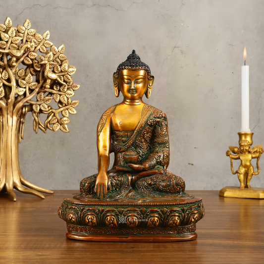 Brassaura™ Pure Brass Buddha Bhumisparsha Engraved Statue in Dual Tone – Height 9 Inches, Weight 2.73 Kgs