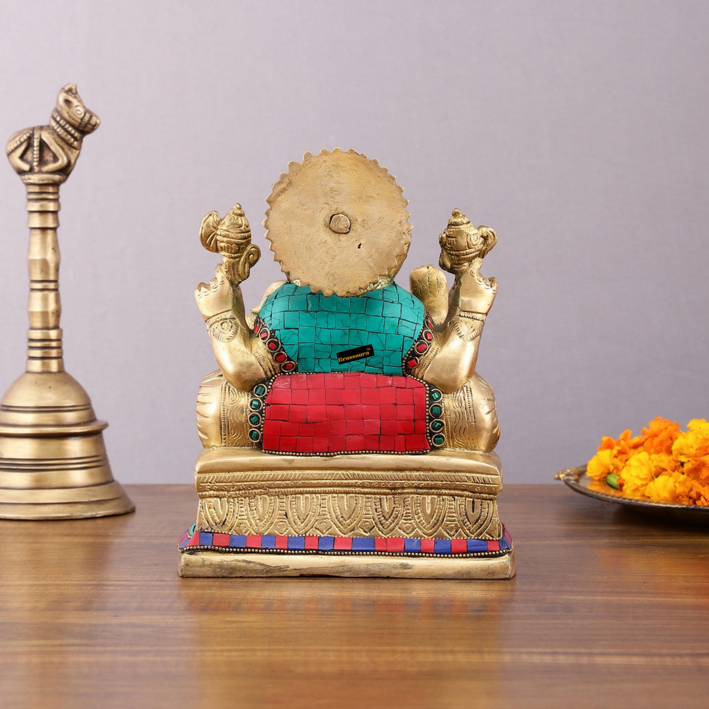 Brassaura™ Pure Brass Lord Ganesha Statue with Meenakari Stones – 8" Height, 3.5 kg – Elegant Spiritual Décor