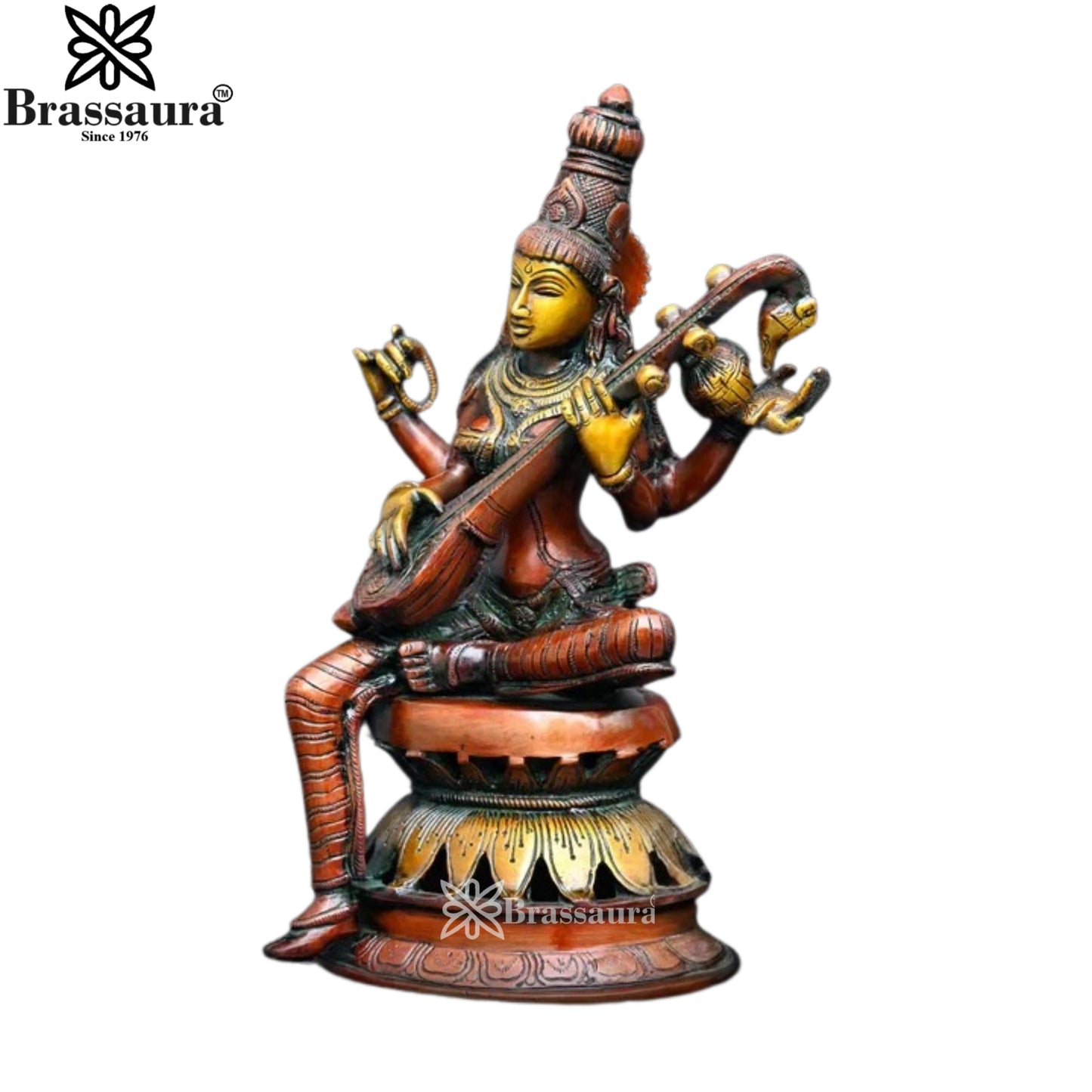 Brassaura™ Brass Saraswati Idol – Height 12 Inches & Weight 4.4 Kgs | Elegant Home & Temple Décor