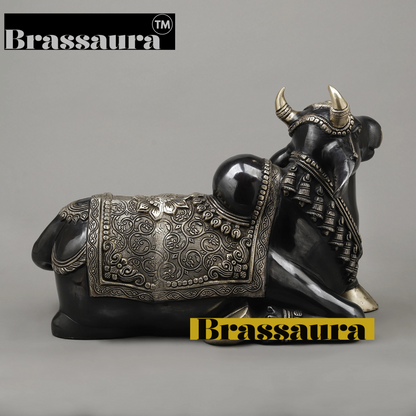 Brassaura™ Brass Nandi Statue | 14 Inches Height | 19.29 Kgs Weight | Black Finish with Golden Accents