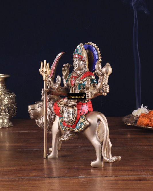 Brassaura™ Pure Brass Goddess Durga Idol – 9-Inches Handcrafted Statue for Tables, Temples & Entrances