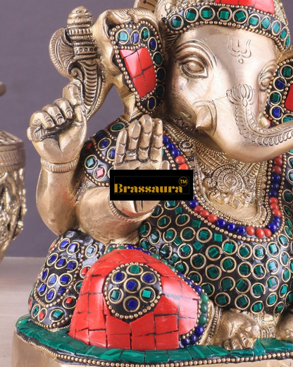 Brassaura™ Pure Brass Ganesha Statue – 7.5 Inch Height | 3.88 kg | Handcrafted with Stone Inlay