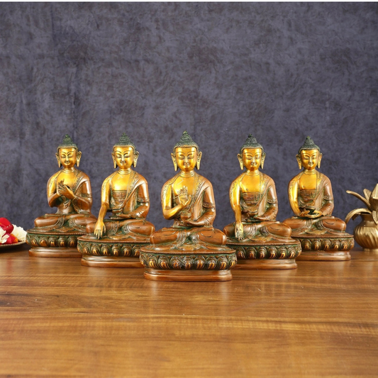 Brassaura™ Brass Set of 5 Dhyani Buddha Statues – Height 8 Inches Each, Total Weight 8.82 Kgs