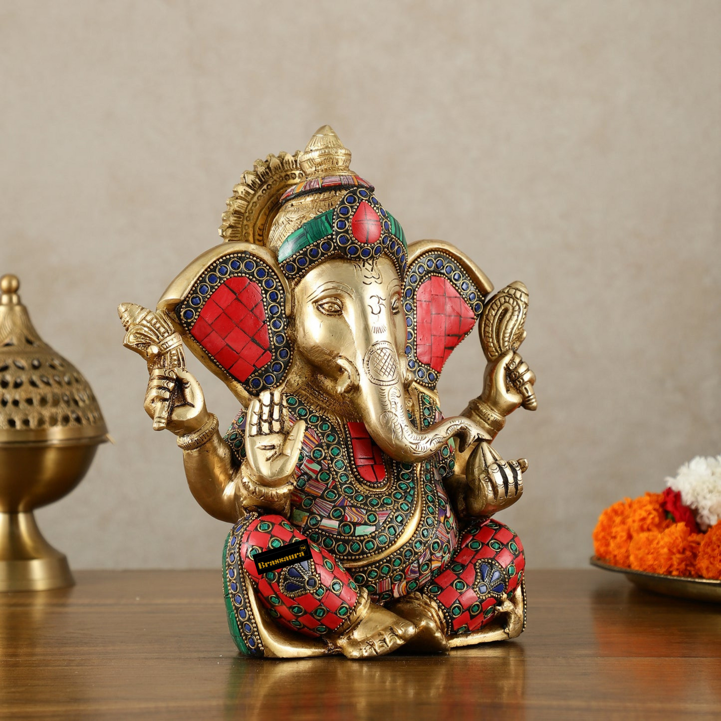 Brassaura™ Brass Lord Ganesha Statue with Meenakari & Big Ears – 10" Height, 5.15 kg – Auspicious & Intricate