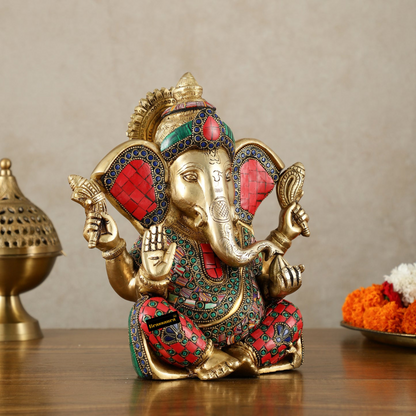Brassaura™ Brass Lord Ganesha Statue with Meenakari & Big Ears – 10" Height, 5.15 kg – Auspicious & Intricate