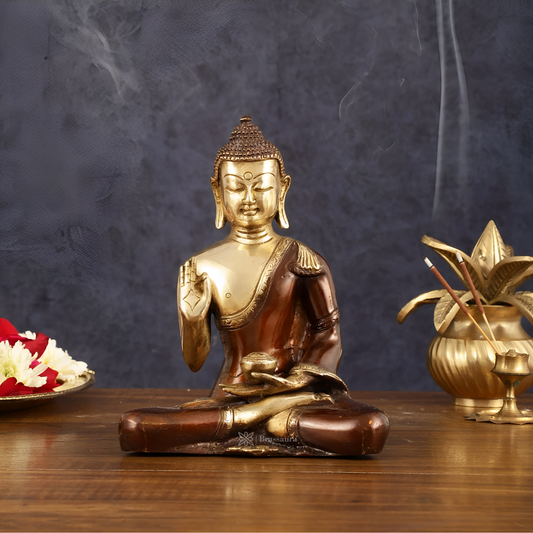 Brassaura™ Pure Brass Blessing Buddha Idol in Dual Tone – Height 7.5 Inches, Weight 1.8 Kgs