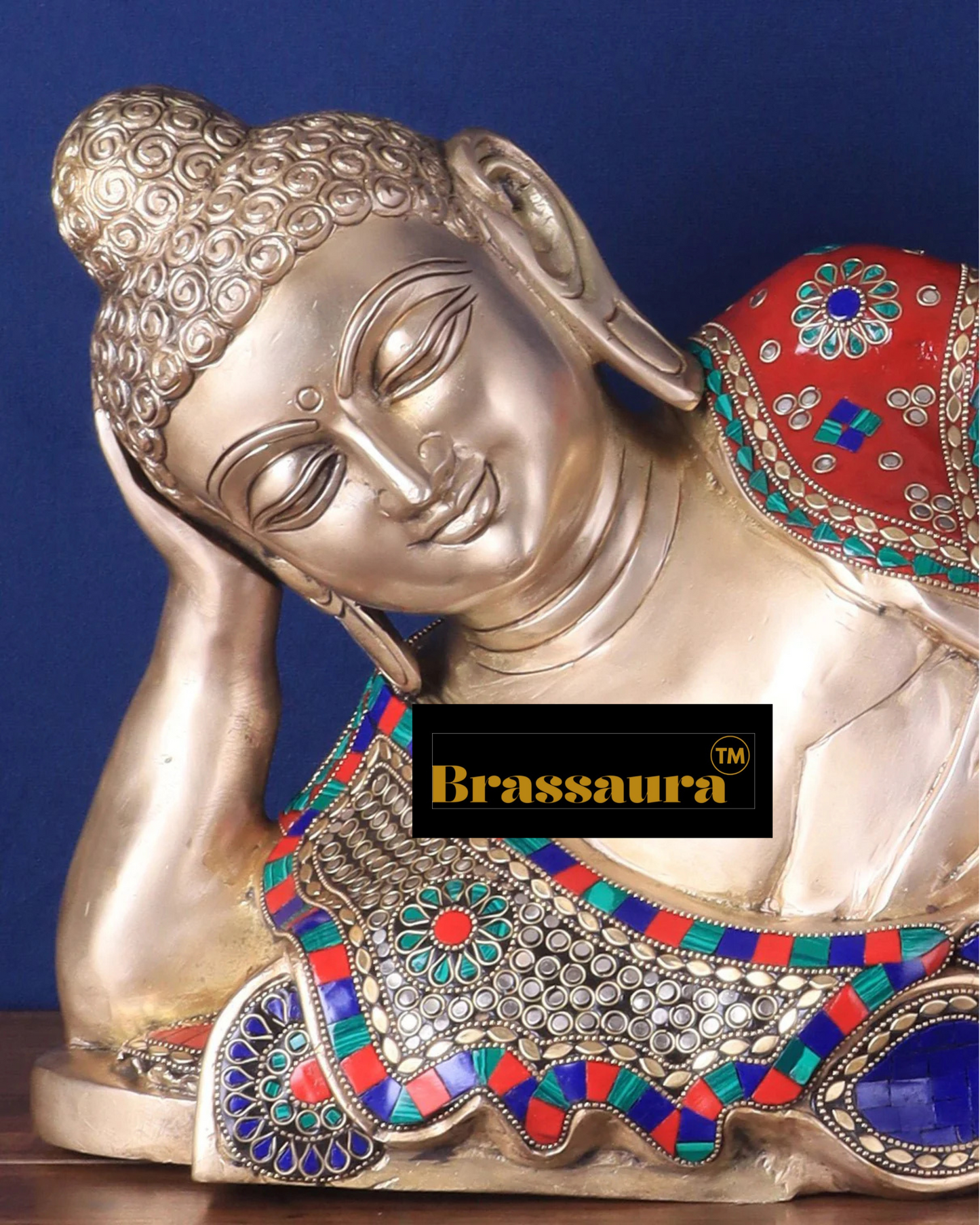 Brassaura™ Brass Resting Buddha Idol with Meenakari Stonework – Height 12 Inches, Weight 18 Kgs