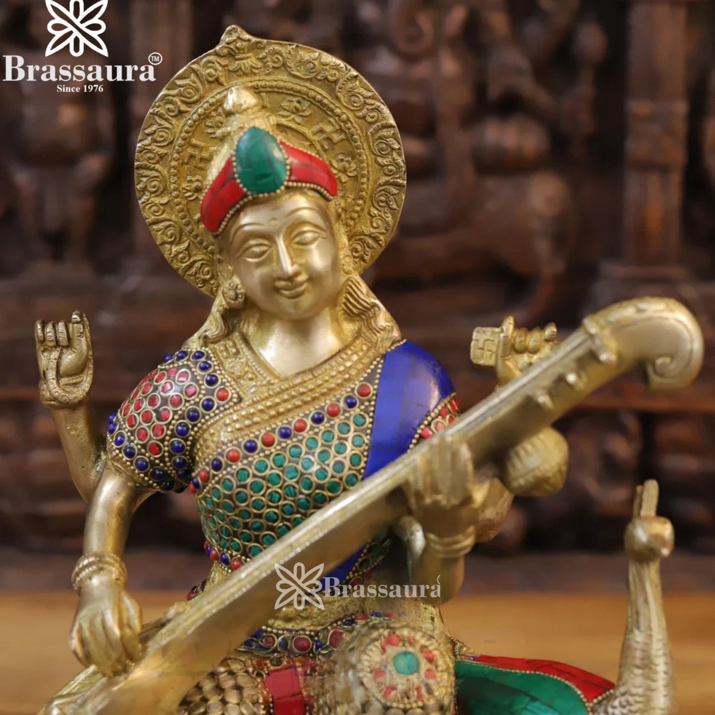 Brassaura™ Sacred Brass Gem Stone Work Saraswati Murti – Height 15.5 Inches & Weight 10.34 Kgs | Temple Décor Accent