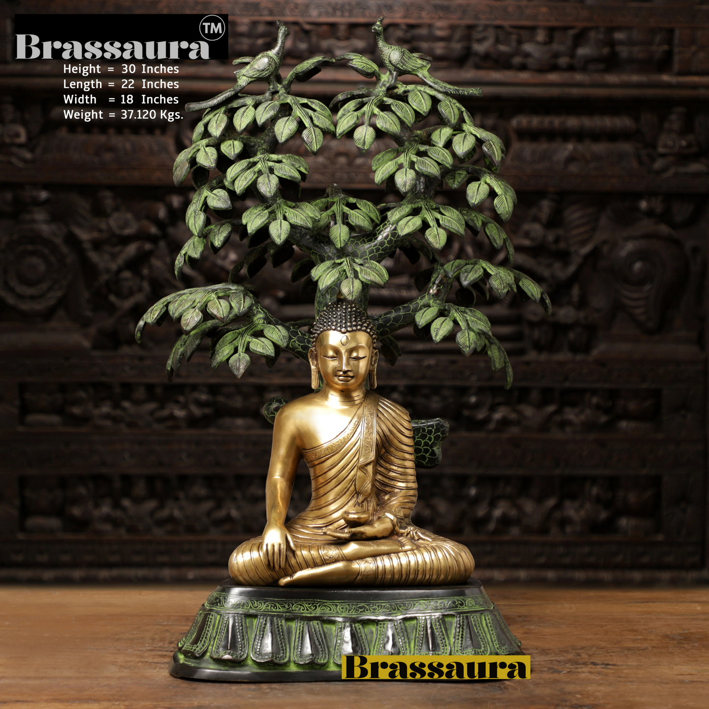 Brassaura™ Brass Buddha Statue in Bhumisparsha Mudra under Bodhisattva Tree – Height 30 Inches | Weight 37.12 Kgs | Golden & Green Finish