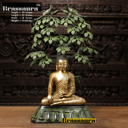 Brassaura™ Brass Buddha Statue in Bhumisparsha Mudra under Bodhisattva Tree – Height 30 Inches | Weight 37.12 Kgs | Golden & Green Finish
