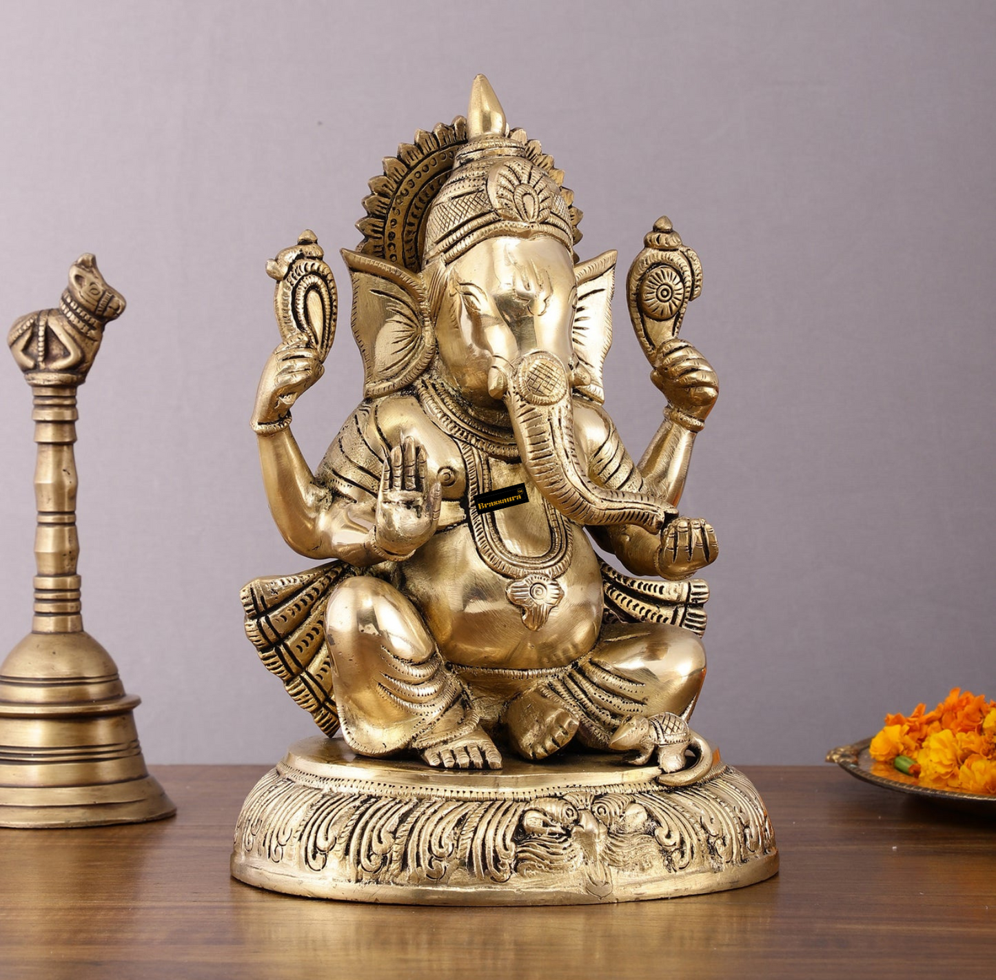 Brassaura™ Brass Mangalkari Ganapati on Lotus Throne – 22" Height, 27 kg – Handcrafted Divine Masterpiece