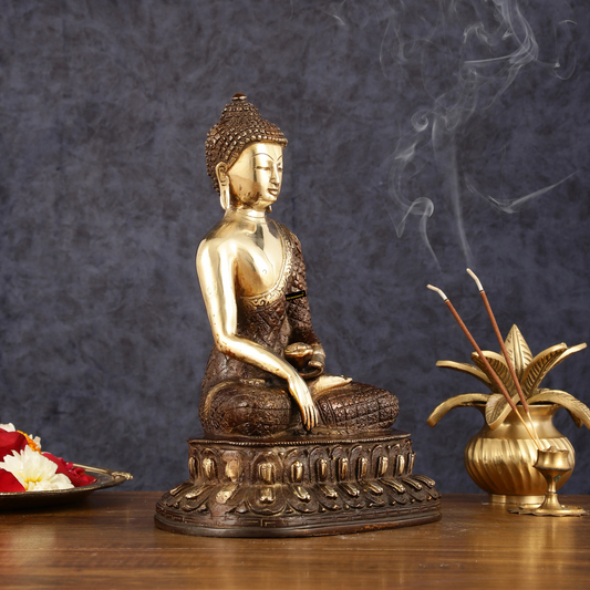 Brassaura™ Pure Brass Buddha Statue in Bhumi Nirvana Mudra – Height 10.5 Inches, Weight 3.33 Kgs