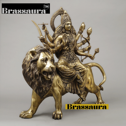 Brassaura™ 26.5-Inch Brass Durga Idol – 35.38kg – Majestic 8-Armed Goddess Seated on Lion with Golden Finish for Temple, Home & Gifting