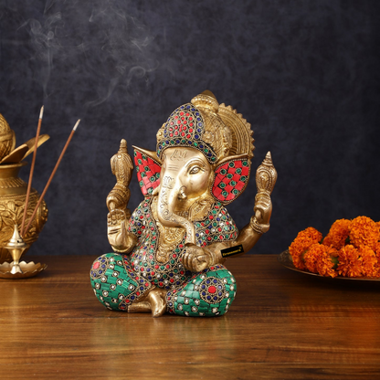 Brassaura™ Pure Brass Meenakari Ganesha Idol – 8 Inch Height | 4.7 kg | Handcrafted with Natural Color Stones | Spiritual Home & Office Décor