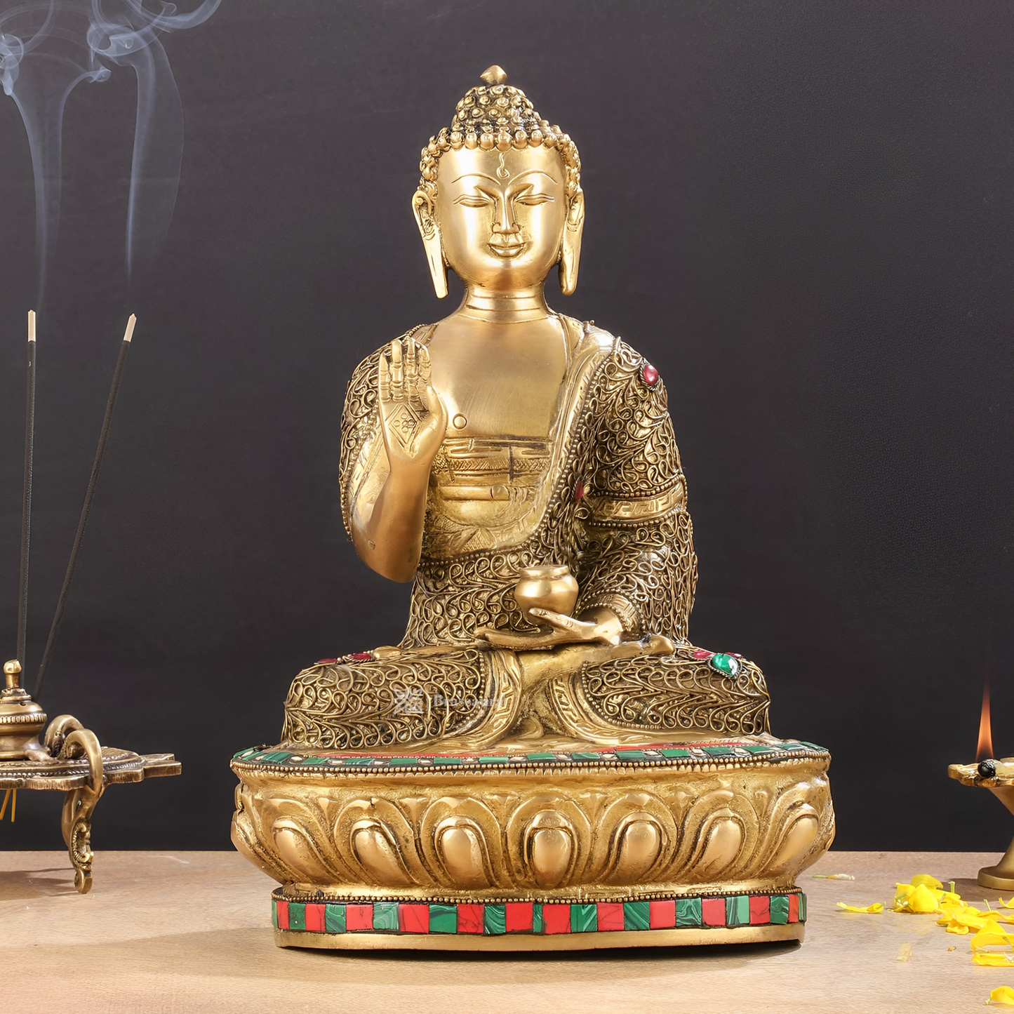 Brassaura™ Brass Buddha Statue with Stonework – Height 12 Inches & Weight 5.5 Kgs