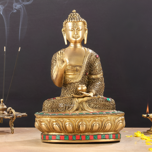 Brassaura™ Brass Buddha Statue with Stonework – Height 12 Inches & Weight 5.5 Kgs