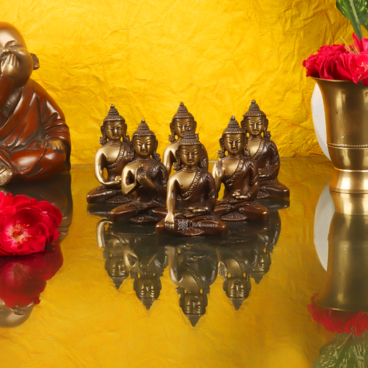Brassaura™ Set of 6 Miniature Brass Buddha Statues – Height 3 Inches | Weight 1.2 Kgs | Different Mudras