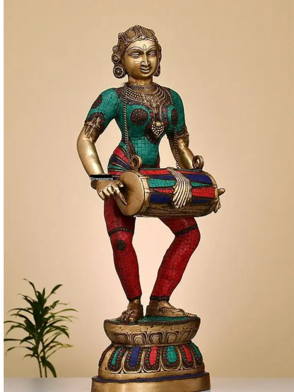 Brassaura™ Large Brass Lady with Dholak – Height 37.99 inches | Weight 34.46 kgs