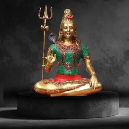 Brassaura™ Gemstone Decorated Brass Lord Shiva Statue – Height 20 Inches & 12.4 Kgs | Spiritual Home Accent