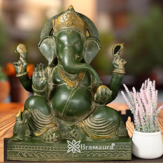Brass Green Patina Ganesha Statue Weight 27.8 Kg And Height 20 Inch
