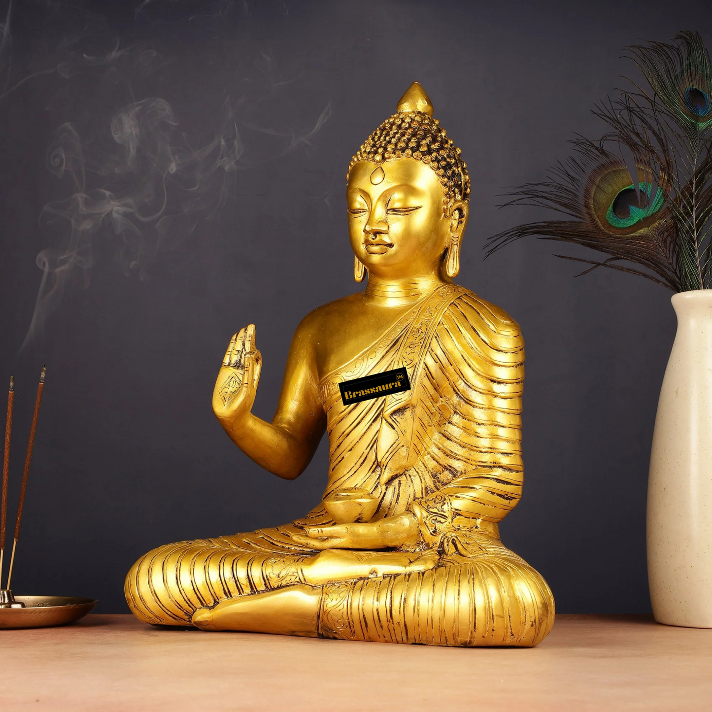 Brassaura™ Pure Brass Buddha Statue in Abhaya Mudra – Height 14 Inches, Weight 7 Kgs