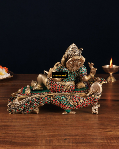 Brassaura™ Handcrafted Ganapathi on Peacock Throne – 7.5" Height, 4.5 kg – Brass Statue with Multicolored Stones