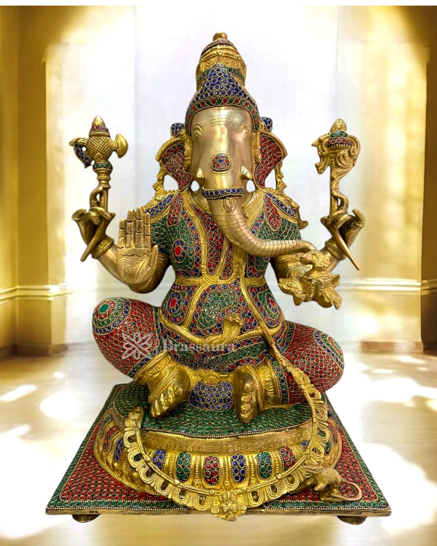 Brassaura™ Brass Ganesha Idol with Gemstone Inlay – Height 20.1 Inches, Weight 22.22 Kg – Multi-Coloured Home & Decor Statue