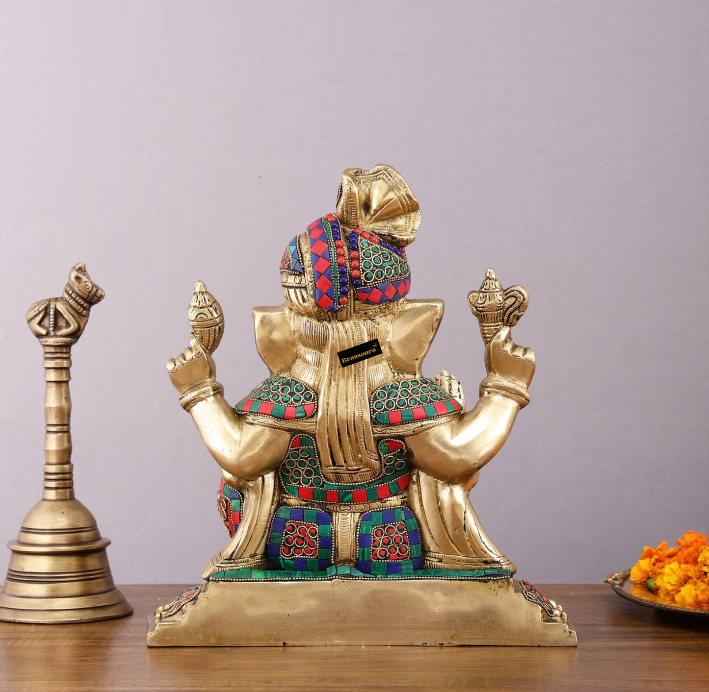 Brassaura™ Brass Superfine Handcrafted Lord Ganesha Idol with Pagadi – 11" Height, 7.5 kg – Meenakari Stonework