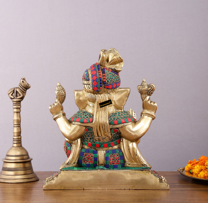 Brassaura™ Brass Superfine Handcrafted Lord Ganesha Idol with Pagadi – 11" Height, 7.5 kg – Meenakari Stonework