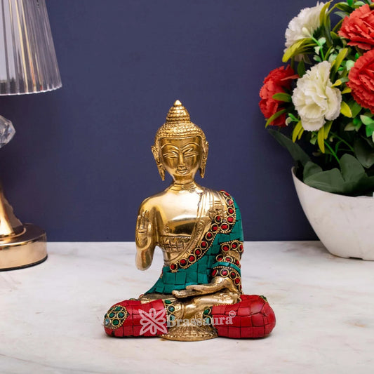 Brass Blessing Gem Stone Work Buddha Weight 1.1 kg & Height 6 Inch