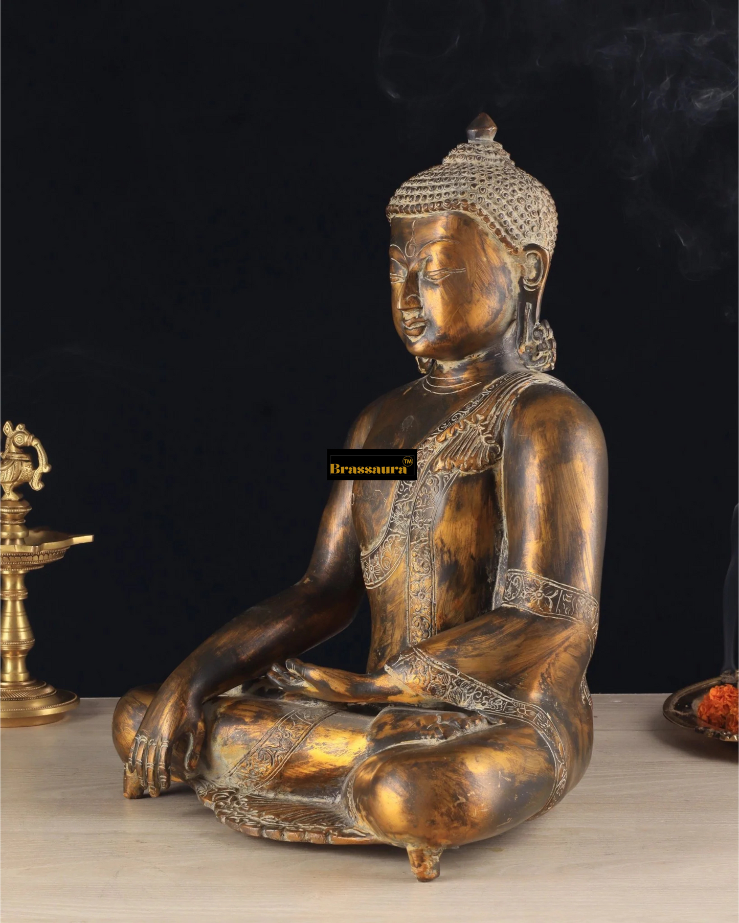 Brassaura™ Handcrafted Pure Brass Buddha Idol – Height 15 Inches, Weight 11 Kgs