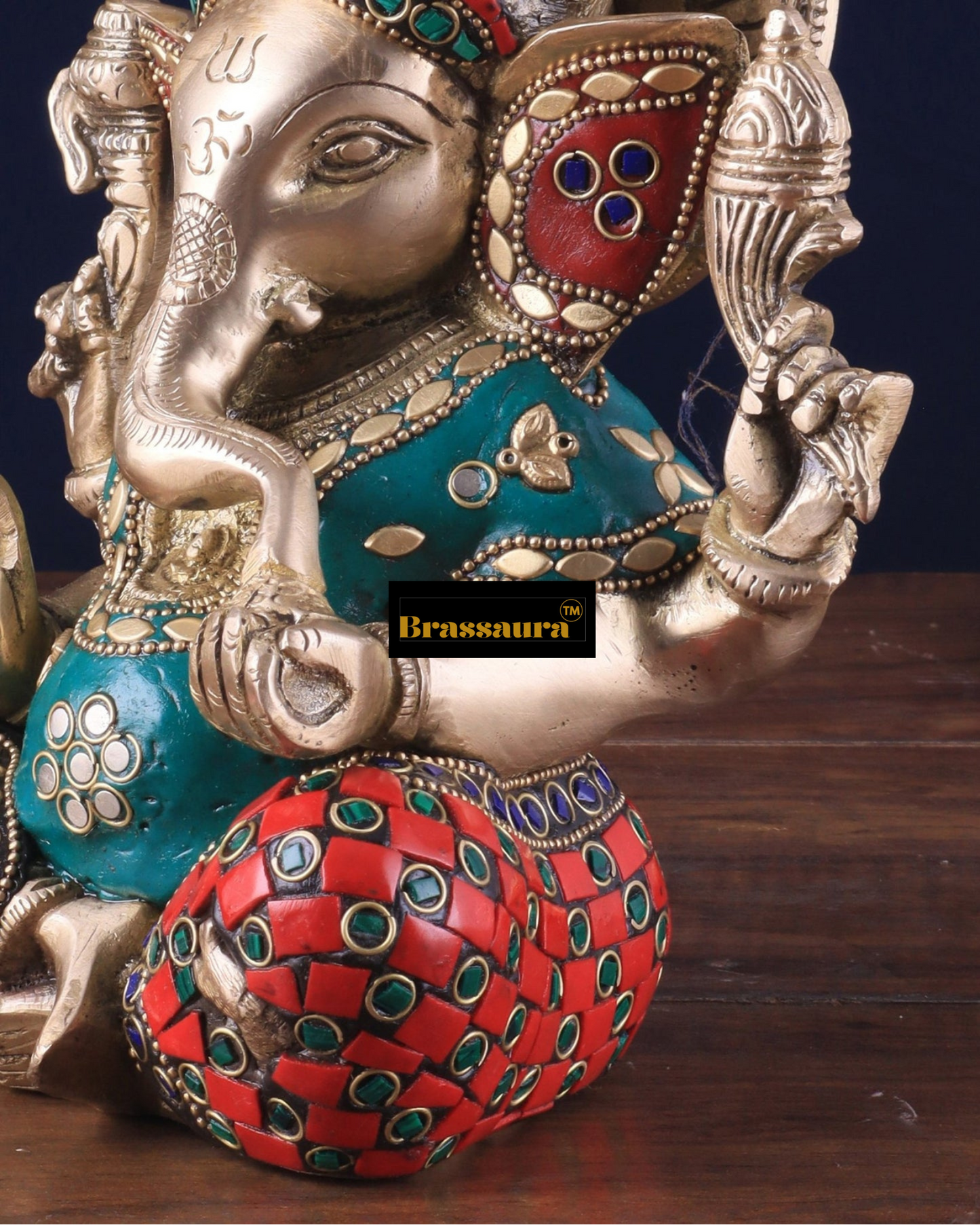 Brassaura™ Brass Taj Ganesha Idol with Stonework – 8" Height, 3 kg – Intricately Crafted with Sharp Features