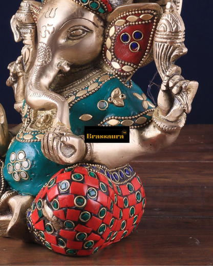 Brassaura™ Brass Taj Ganesha Idol with Stonework – 8" Height, 3 kg – Intricately Crafted with Sharp Features