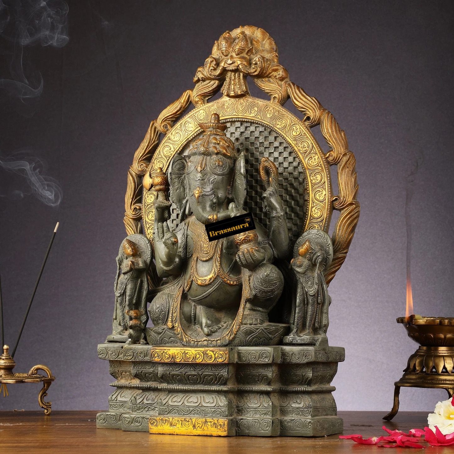 Brassaura™ Handmade Brass Lord Ganesha – Antique Finish with Riddhi Siddhi & Shivling | Height 18 Inches, Weight 14 Kgs