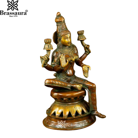 Brassaura™ Handcrafted Brass Laxmi Idol – Height 12 Inches & Weight 3.8 Kgs | Devotional Statue