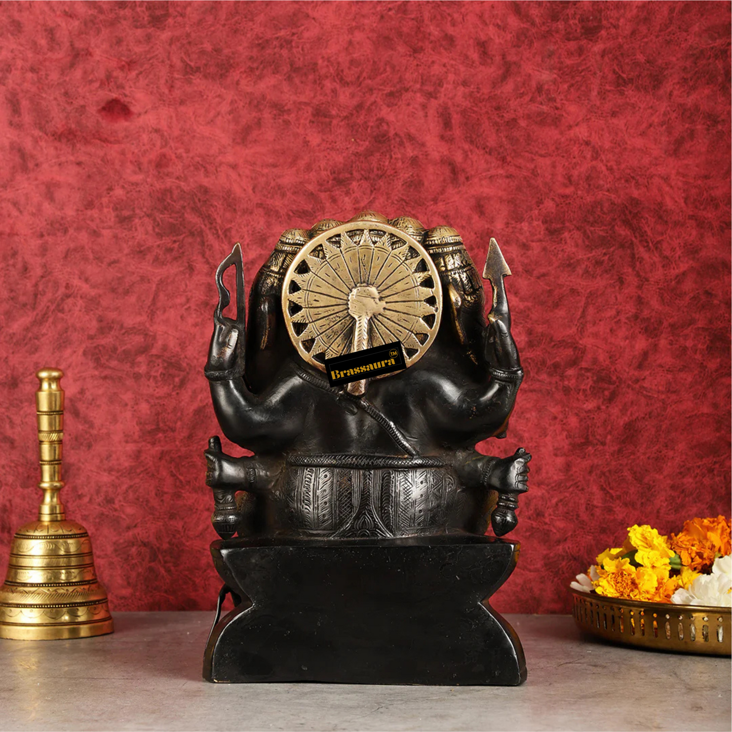 Brassaura™ Pure Brass Panchmukhi Ganesha Statue – Black & Gold Finish | Height 11 Inches, Weight 7.2 Kgs