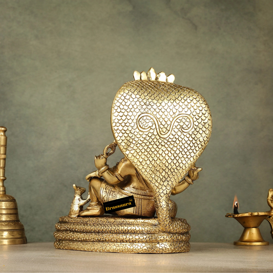 Brassaura™ Pure Brass Lord Ganesha on Sheshnaag – Height 10 Inches, Weight 6 Kgs | Auspicious Decor