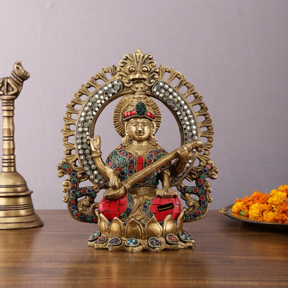 Brassaura™ Brass Ganesha, Lakshmi & Saraswati Idol Set – 9.5 Inch Height | 10.2 kg | Handcrafted with Meenakari Stonework