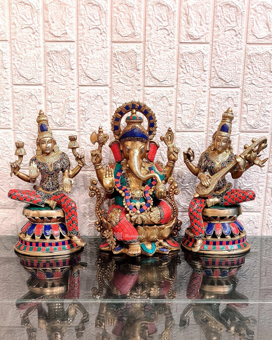 Brassaura™ Brass Ganesha, Lakshmi & Saraswati Idol Set – Height 12 Inches | Total Weight 20 Kgs