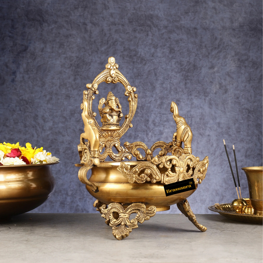Brassaura™ Handcrafted Brass Ganapati Urli Bowl with Elephants – Height 12 Inches, Weight 3.5 Kgs