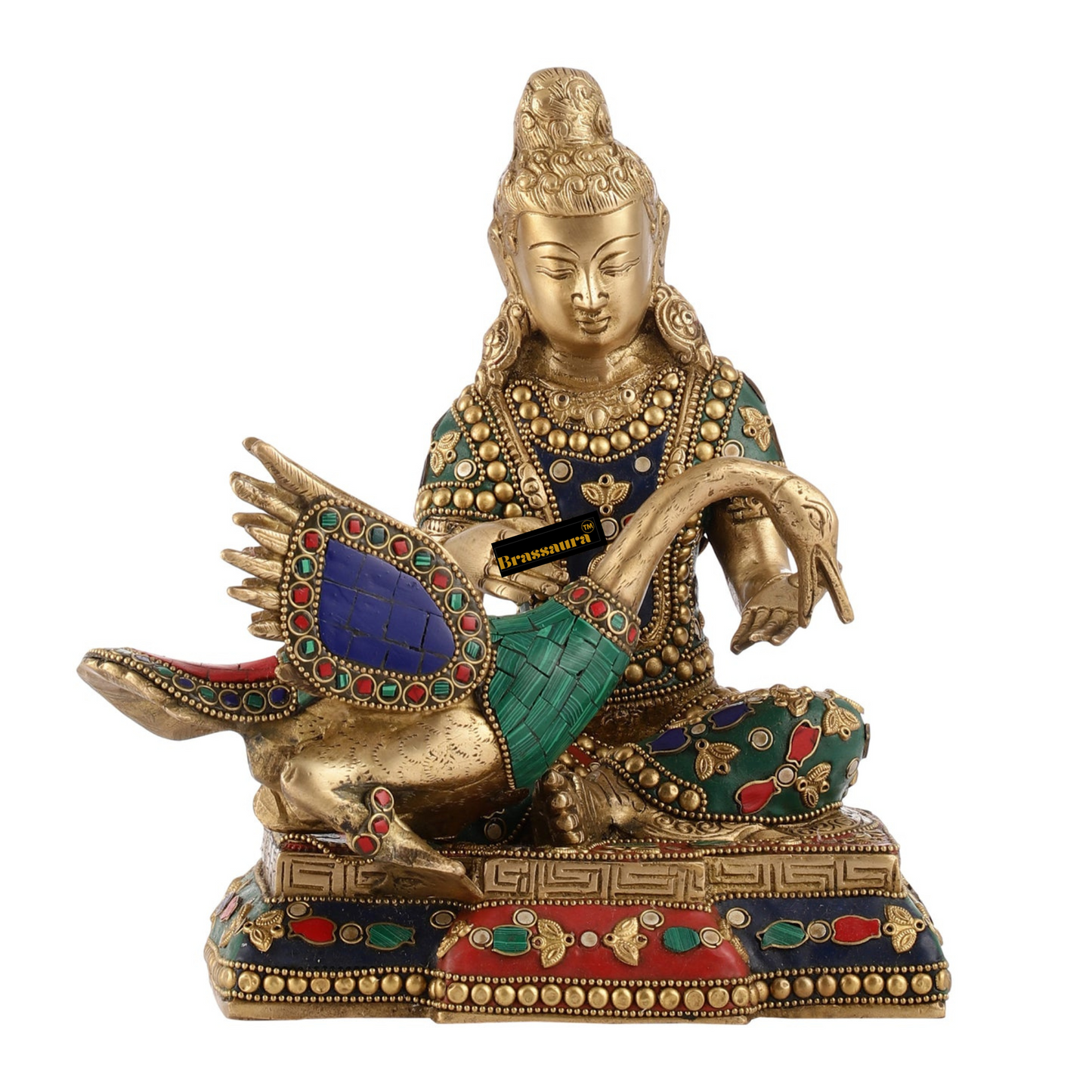 Brassaura™ Brass Buddha Healing the Swan Statue – Height 9 Inches | Weight 5 Kgs | Meenakari & Stonework