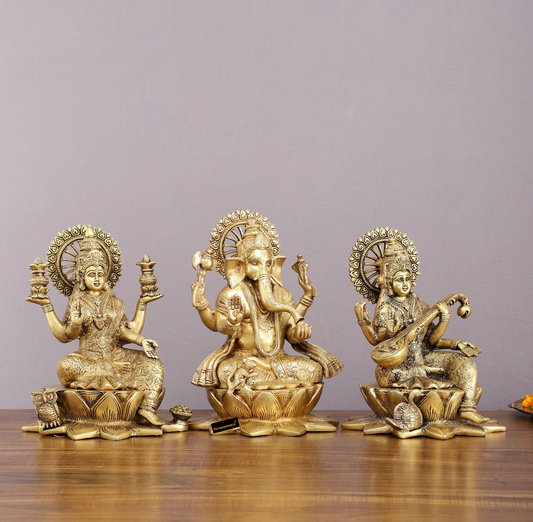Brassaura® Pure Brass Ganesh Lakshmi Saraswati Set – 11" Height– Handcrafted Trio for Prosperity & Wisdom
