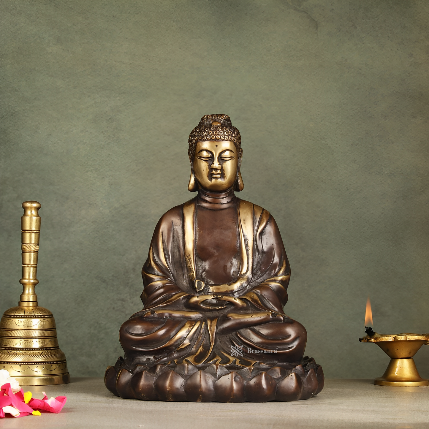 Brassaura™ Pure Brass Meditative Buddha Statue in Antique Brown Finish – Height 10 Inches & Weight 4.25 Kgs