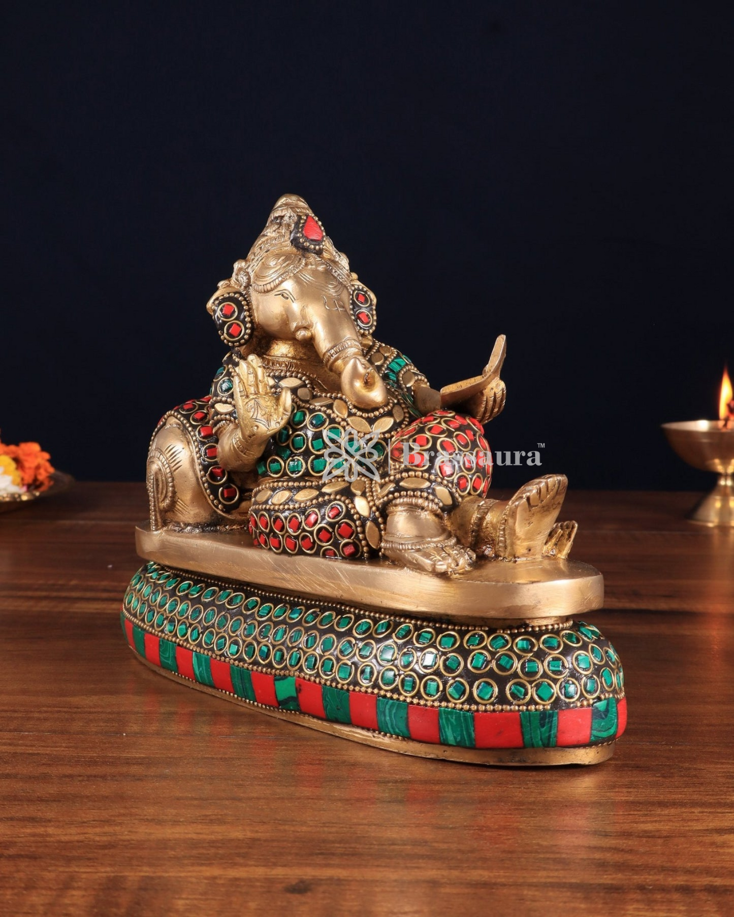 Brassaura™ Handcrafted Brass Ganapathi on Peacock Throne – 7.5" Height, 4.5 kg – Adorned with Multicolored Stones