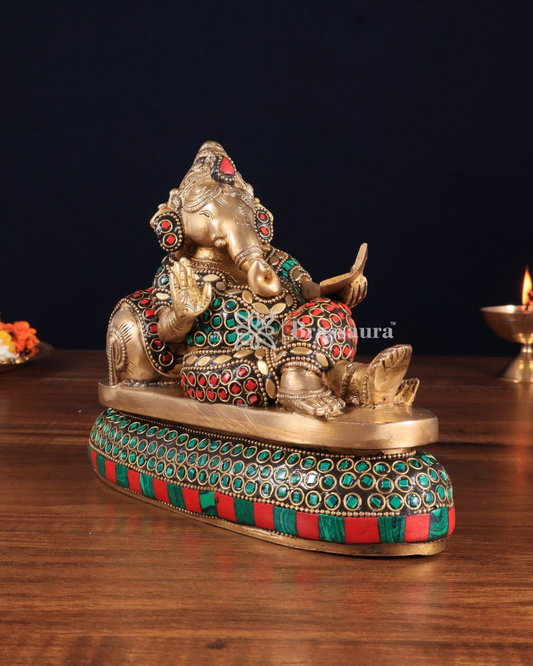Brassaura™ Handcrafted Brass Ganapathi on Peacock Throne – 7.5" Height, 4.5 kg – Adorned with Multicolored Stones